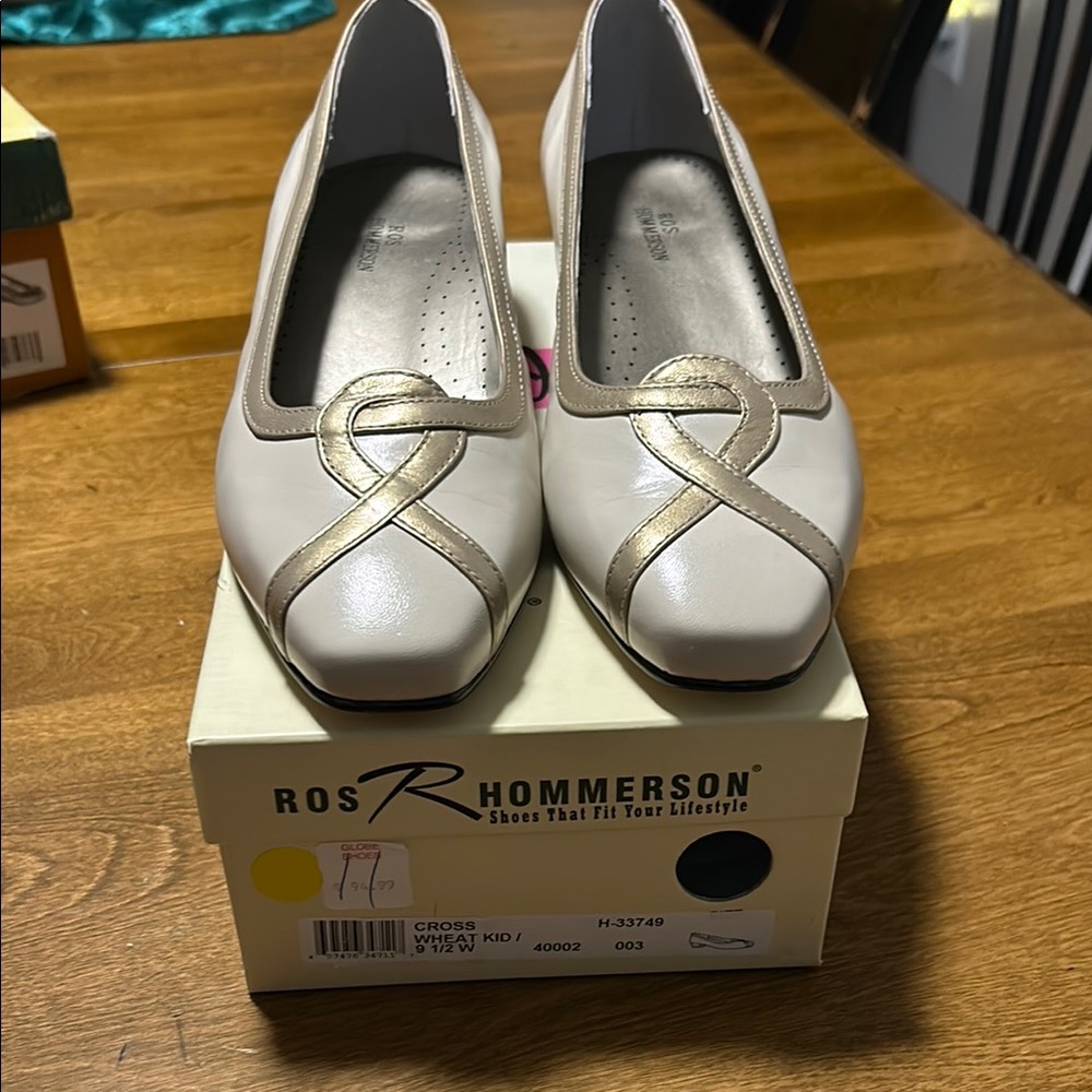 Light Metallic Heels with Crisscross Detail and Comfortable Low Heel
